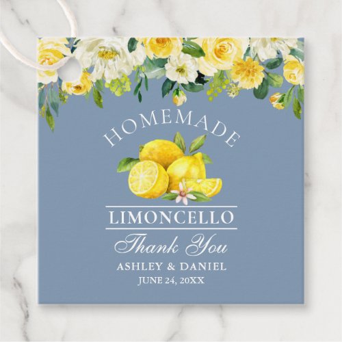 Floral Lemons Dusty Blue Limoncello Wedding Favor Tags