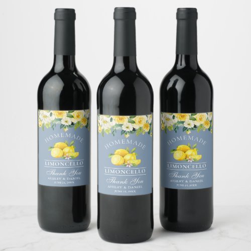 Floral Lemons Dusty Blue Limoncello Wedding Wine Label