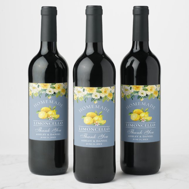 Floral Lemons Dusty Blue Limoncello Wedding Wine Label (Bottles)