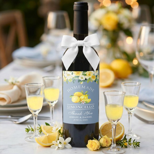 Floral Lemons Dusty Blue Limoncello Wedding Wine Label (Customize to change text size or text style.)