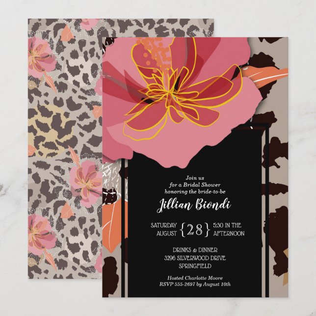 Floral Leopard Animal Print Bridal Shower Invitation (Front/Back)