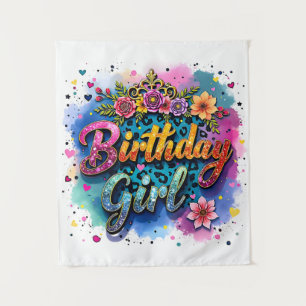 Floral Leopard Birthday Girl Tapestry