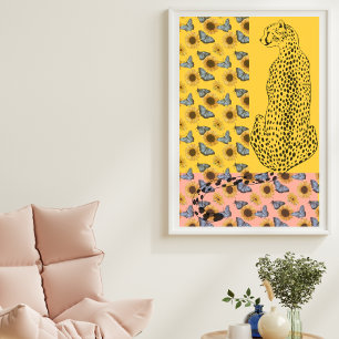 Floral Leopard Cheetah Sunflower yellow and pink Poster