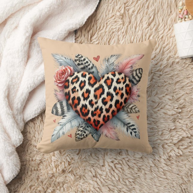 floral leopard heart valentine's day throw pillow (Creator Uploaded)