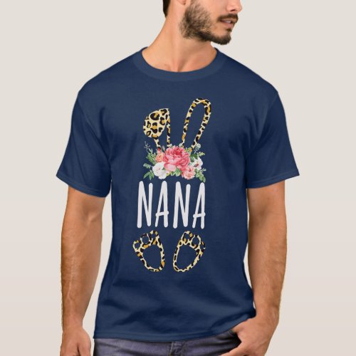 Floral Leopard Nana Bunny Gift Happy Easter Mother T_Shirt