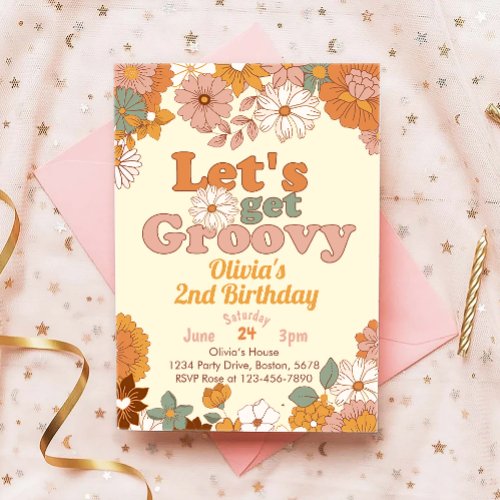 Floral Lets Get Groovy Birthday Party Invitation