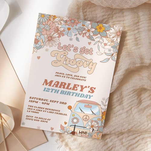 Floral Lets Get Groovy Retro Birthday Party Invitation