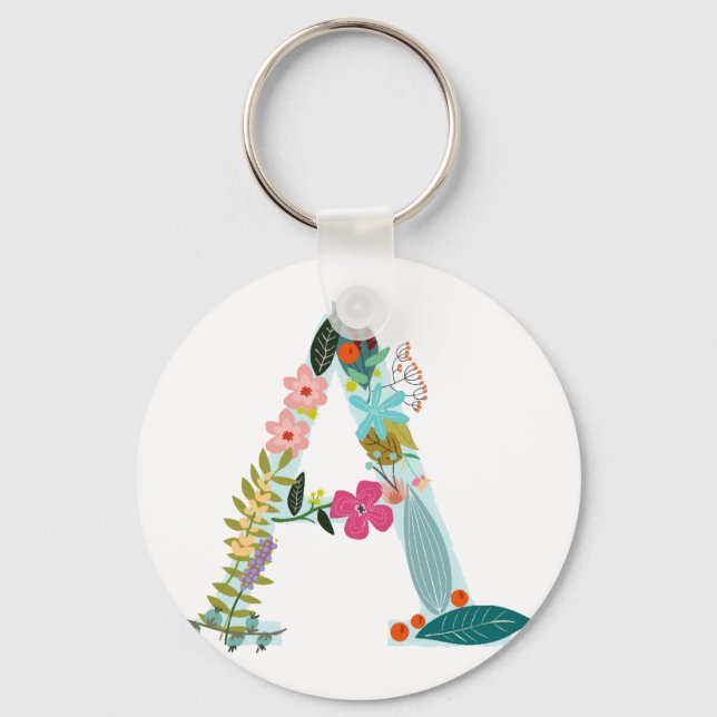 Floral Letter A Initial Monogram Keychain (Front)