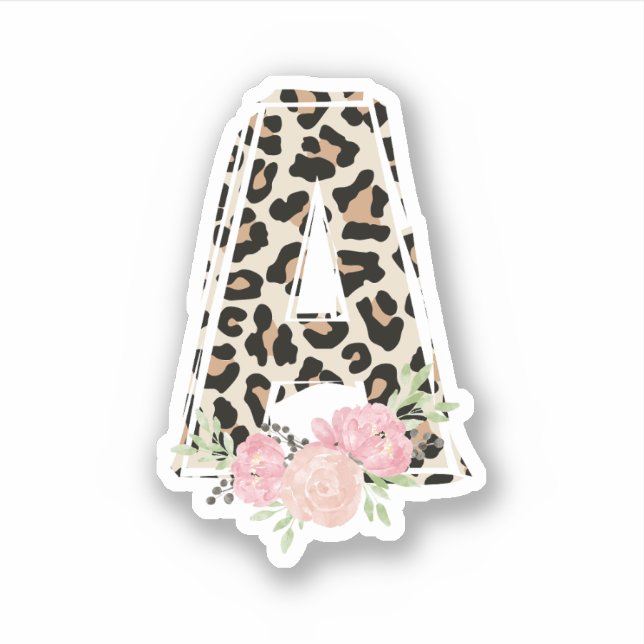 Floral Letter A Initial Name Leopard Cheetah Print Sticker (Front)