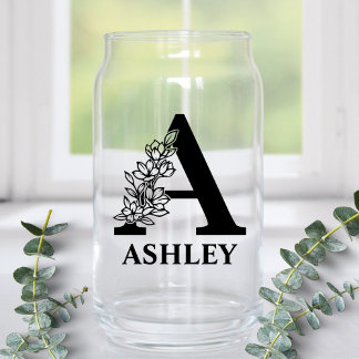 Floral Letter A Monogram and Personalized Name Can Glass