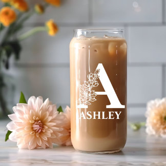 Floral Letter A Monogram Personalized Name White Can Glass