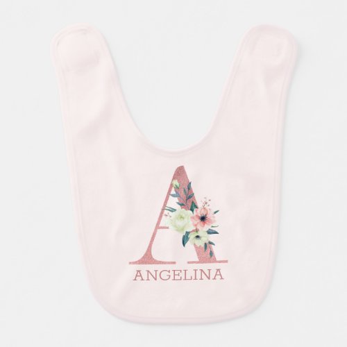 Floral Letter A Pink Personalized Girl Baby Bib