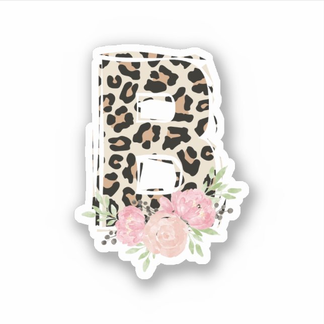Floral Letter B Initial Name Leopard Cheetah Print Sticker (Front)