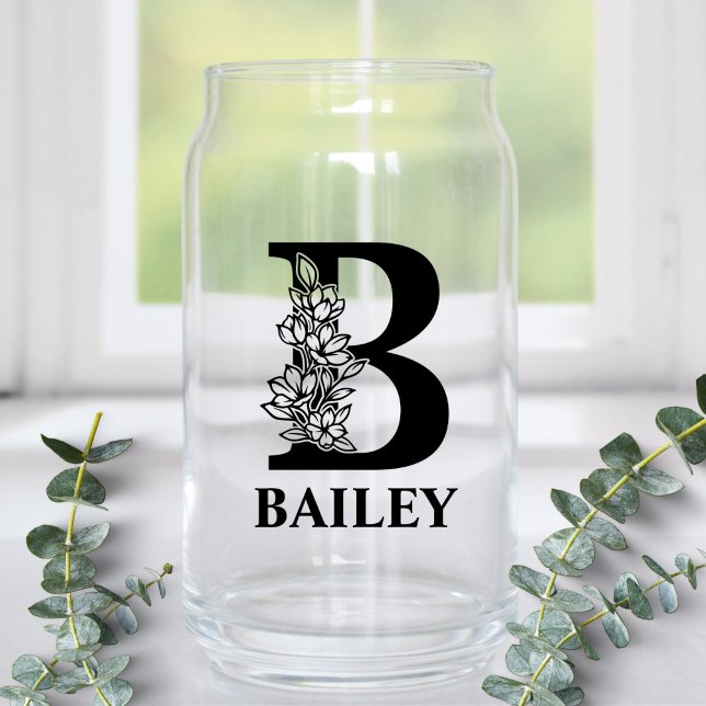 Floral Letter B Monogram and Personalized Name Can Glass (Creator Uploaded)