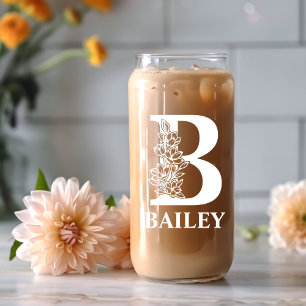 Floral Letter B Monogram Personalized Name White Can Glass