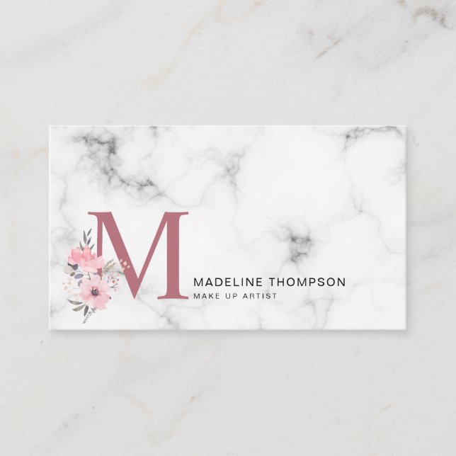Floral Letter Blush Pink Monogram Marble Business Business Card (Front)