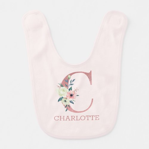Floral Letter C Pink Personalized Girl Baby Bib