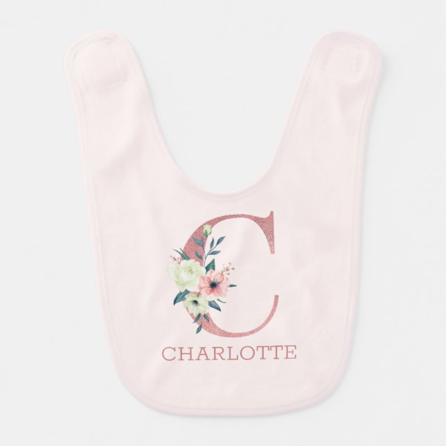 Floral Letter C Pink Personalized Girl Baby Bib (Front)