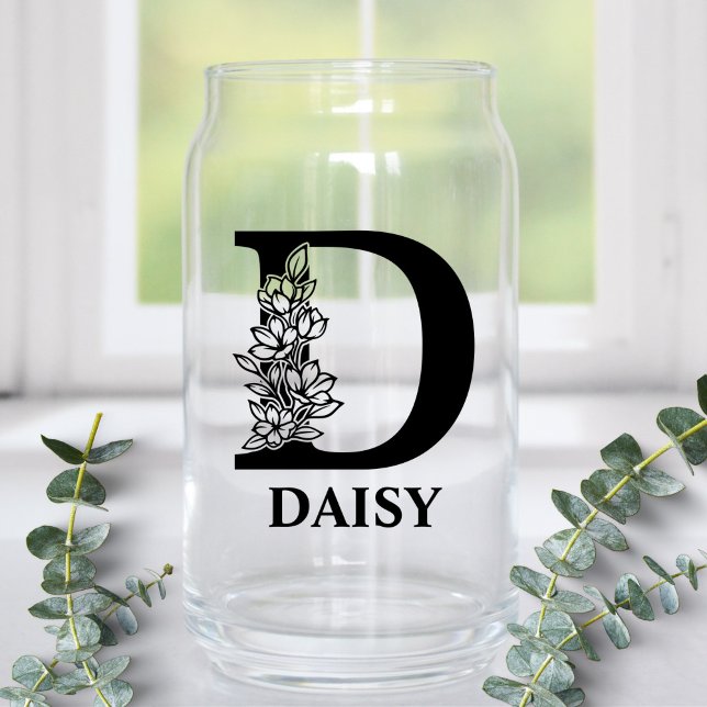 Floral Letter D Monogram and Personalized Name Can Glass (Creator Uploaded)