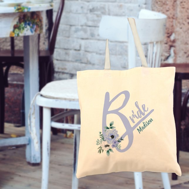 Floral Letter Dusty Blue Personalized Bride Tote Bag (Creator Uploaded)