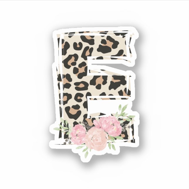 Floral Letter E Initial Name Leopard Cheetah Print Sticker (Front)