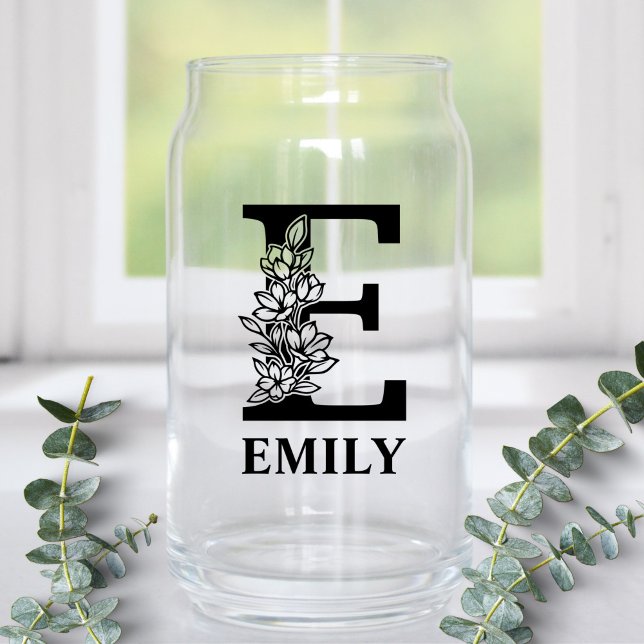 Floral Letter E Monogram and Personalized Name Can Glass (Creator Uploaded)