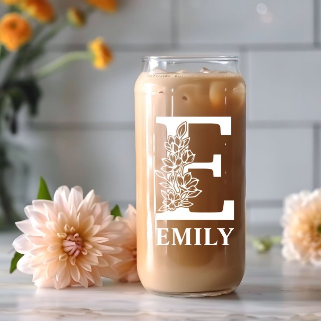 Floral Letter E Monogram Personalized Name White Can Glass (Creator Uploaded)