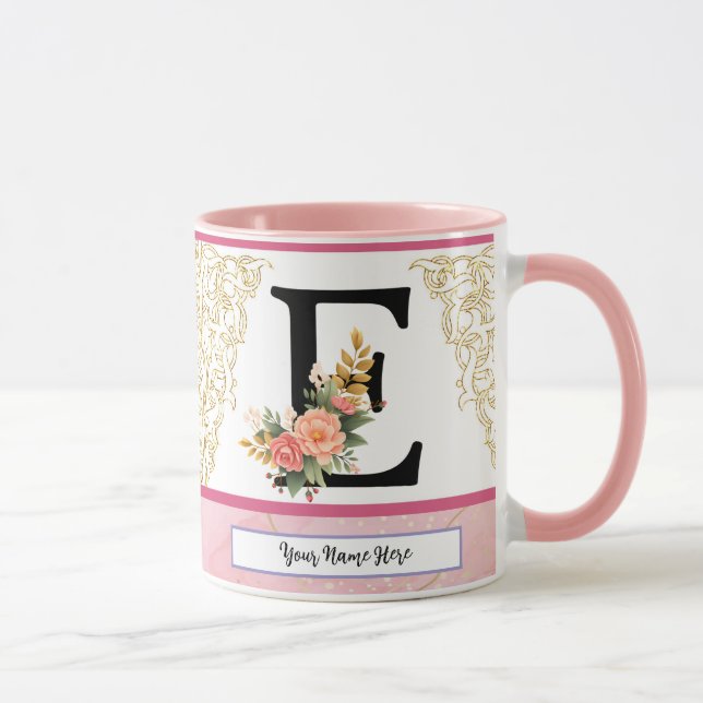 Floral Letter E Mug – Personalized Initial Cup wit (Right)