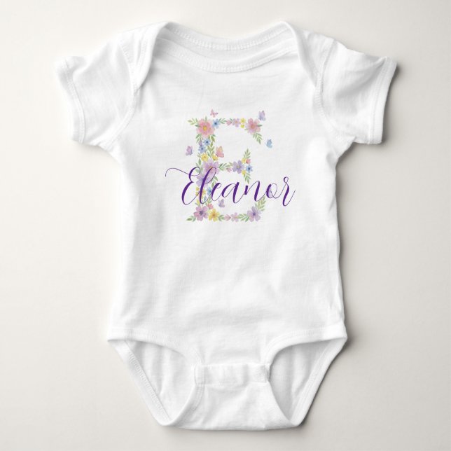 Floral Letter E Personalized Baby Bodysuit (Front)