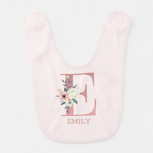 Floral Letter E Pink Personalized Girl Baby Bib