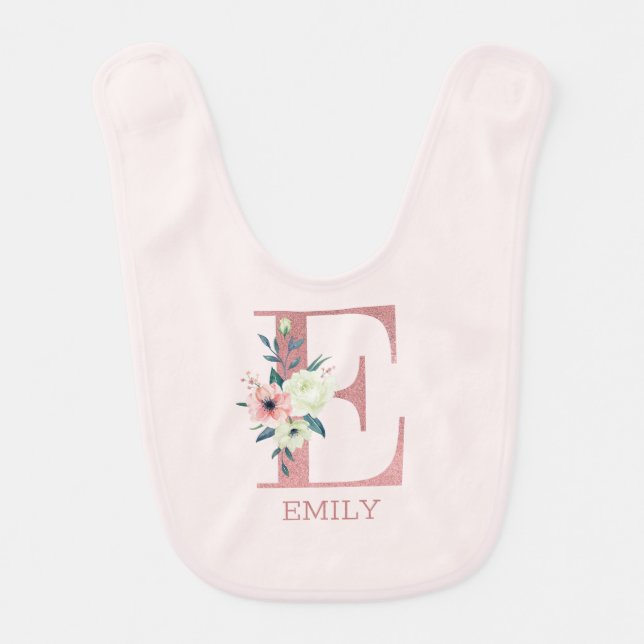 Floral Letter E Pink Personalized Girl Baby Bib (Front)