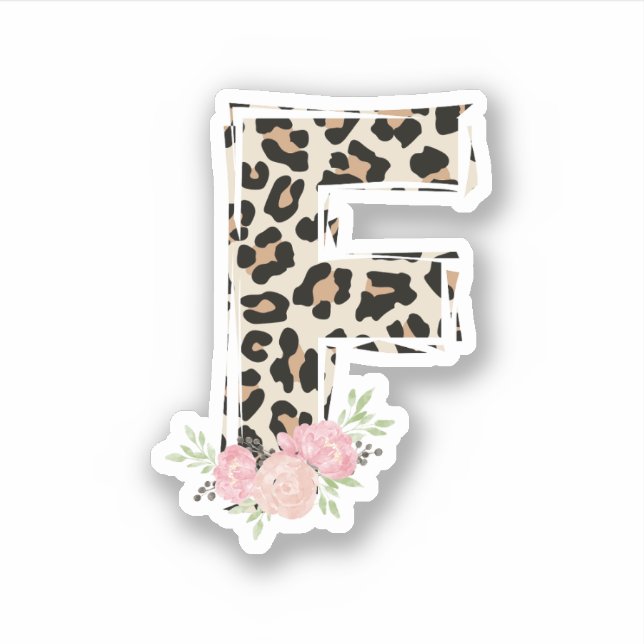 Floral Letter F Initial Name Leopard Cheetah Print Sticker (Front)