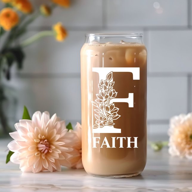 Floral Letter F Monogram Personalized Name White Can Glass (Creator Uploaded)