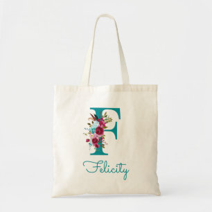 Floral Letter F Script Monogram Teal Pink Tote Bag