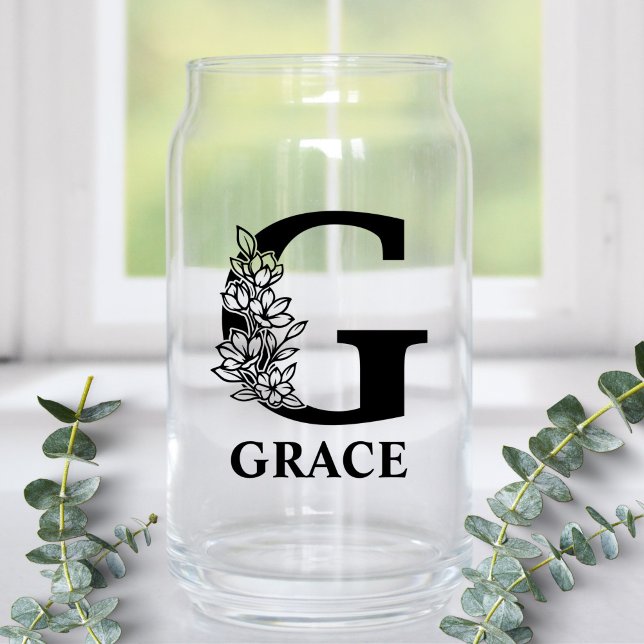 Floral Letter G Monogram and Personalized Name Can Glass (Creator Uploaded)