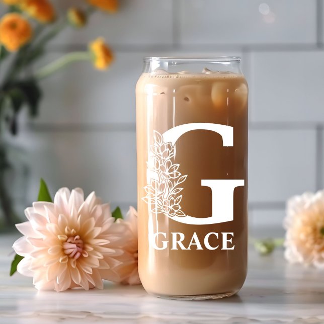 Floral Letter G Monogram Personalized Name White Can Glass (Creator Uploaded)