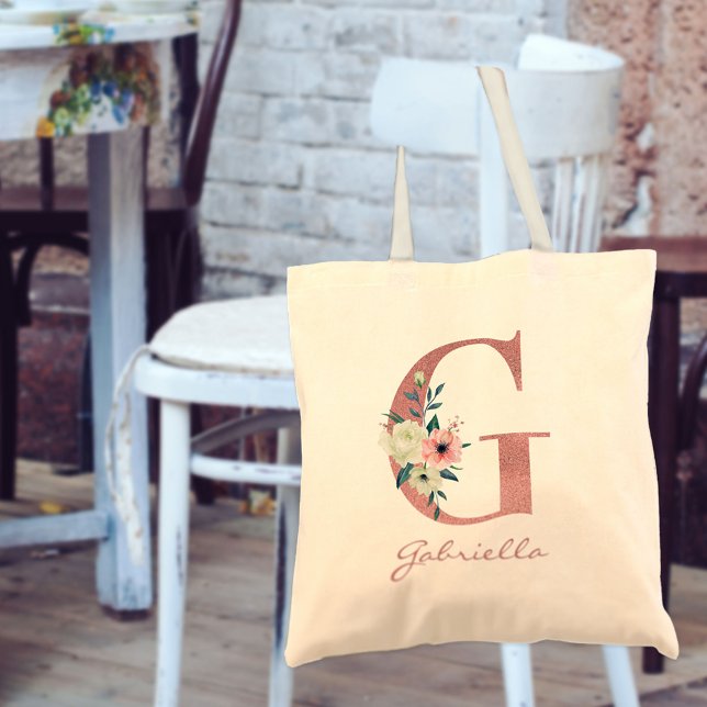 Floral Letter G Pink and Ivory Bouquet Tote Bag (Creator Uploaded)