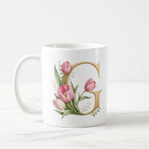 Floral Letter G Tulip Flower Personalized Mug