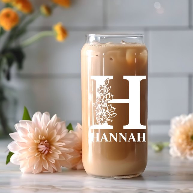 Floral Letter H Monogram Personalized Name White Can Glass (Creator Uploaded)