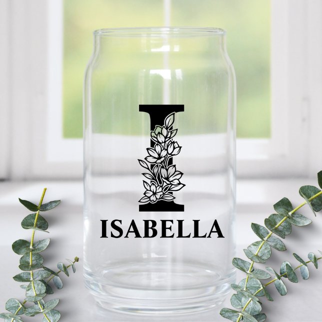 Floral Letter I Monogram and Personalized Name Can Glass (Creator Uploaded)
