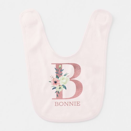 Floral Letter Initial B Pink Personalized Girl Baby Bib
