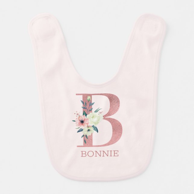Floral Letter Initial B Pink Personalized Girl Baby Bib (Front)