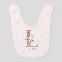 Floral Letter Initial L Pink Personalized Girl Baby Bib