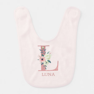 Floral Letter Initial L Pink Personalized Girl Baby Bib