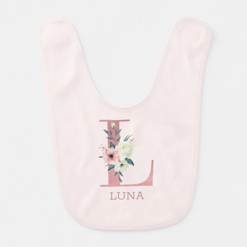 Floral Letter Initial L Pink Personalized Girl Baby Bib