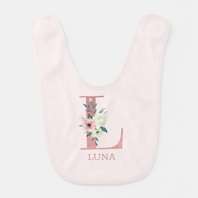 Floral Letter Initial L Pink Personalized Girl Baby Bib (Front)