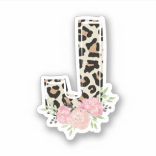 Floral Letter J Initial Name Leopard Cheetah Print Sticker