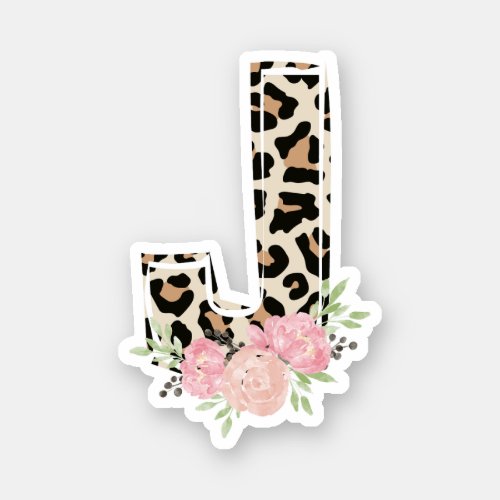 Floral Letter J Initial Name Leopard Cheetah Print Sticker