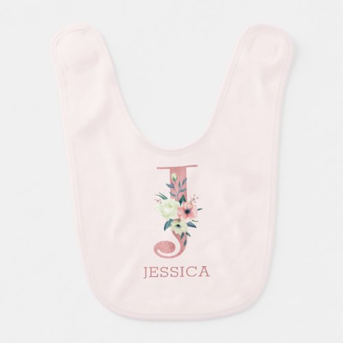 Floral Letter J Initial Pink Personalized Girl Baby Bib