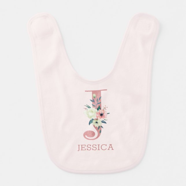 Floral Letter J Initial Pink Personalized Girl Baby Bib (Front)